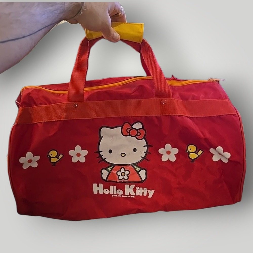 VTG‎ Sanrio Girls Hello Kitty Duffle Bag Red Yellow Nylon Floral Bird 1998 USA